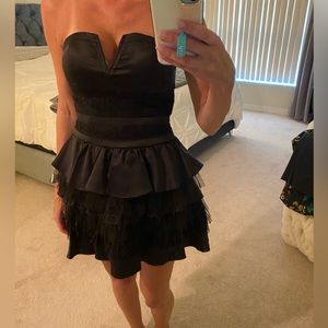 Bebe black satin and feathers cocktail dress XS